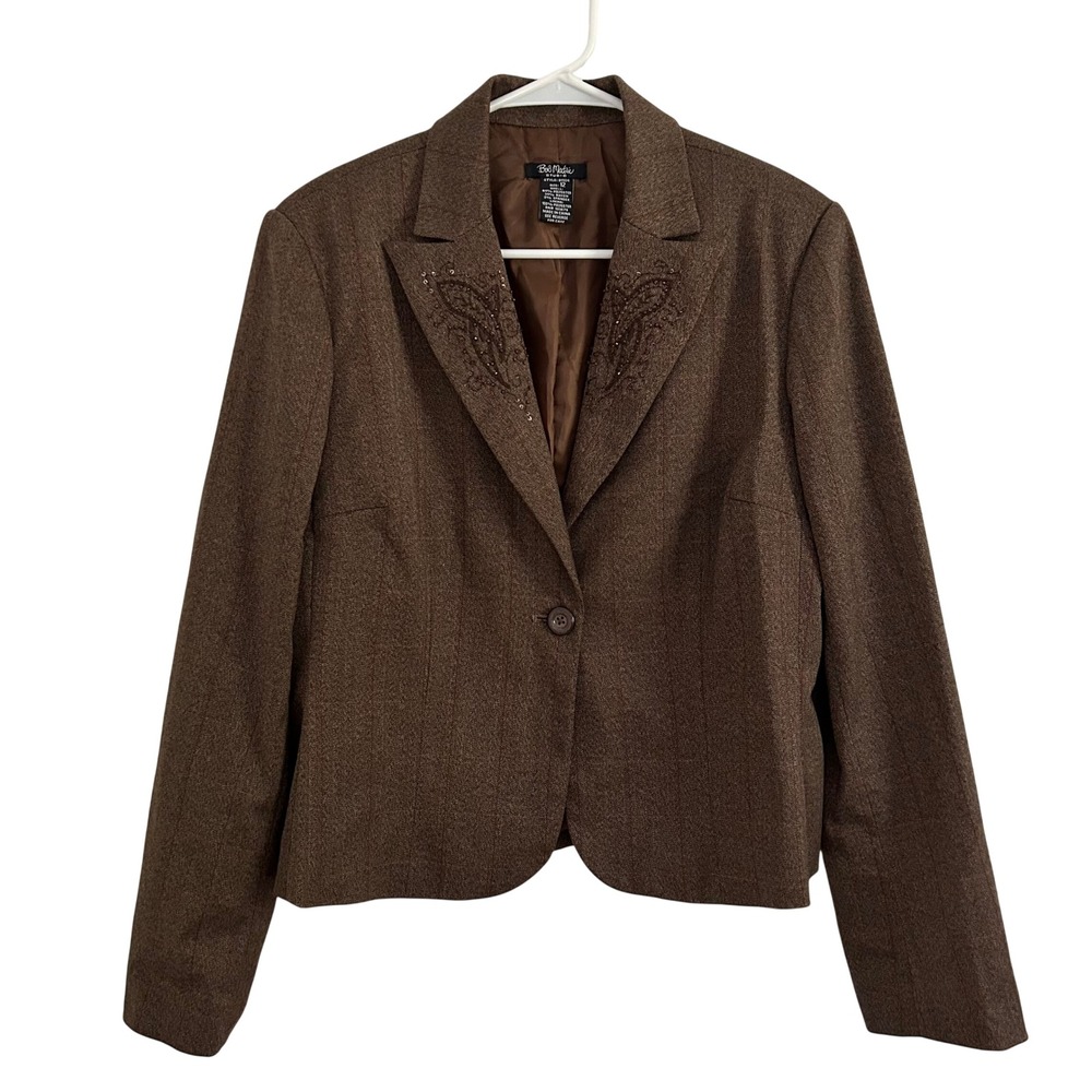 Vtg Bob Mackie Womens Blazer Brown Herringbone Beaded Short Button Blazer 12